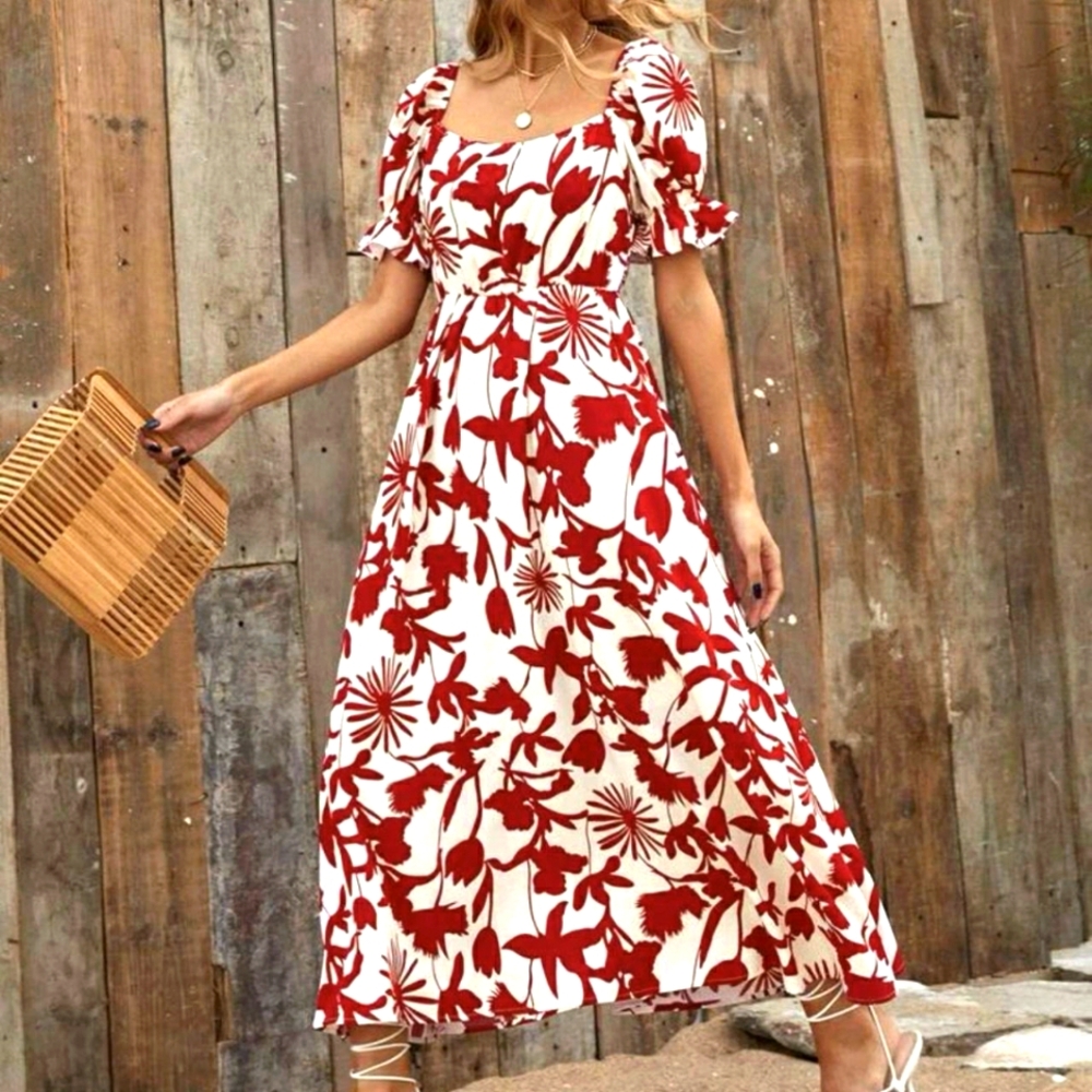 Red Floral Square-Neck Maxi Dress